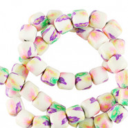 Polymer tube beads 6mm - White-multicolour flowers